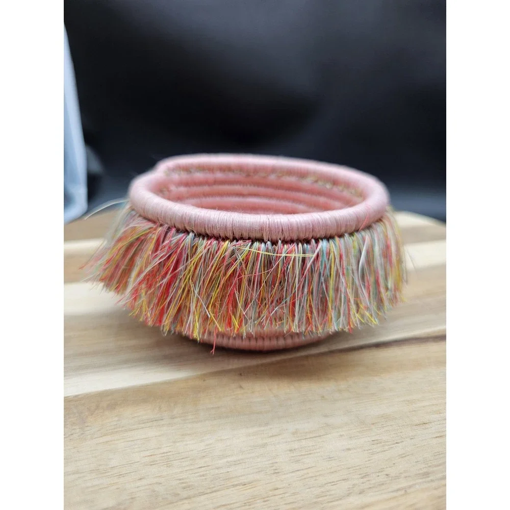 Handmade Woven Basket Small‎ Trinket Dish Pink Decor